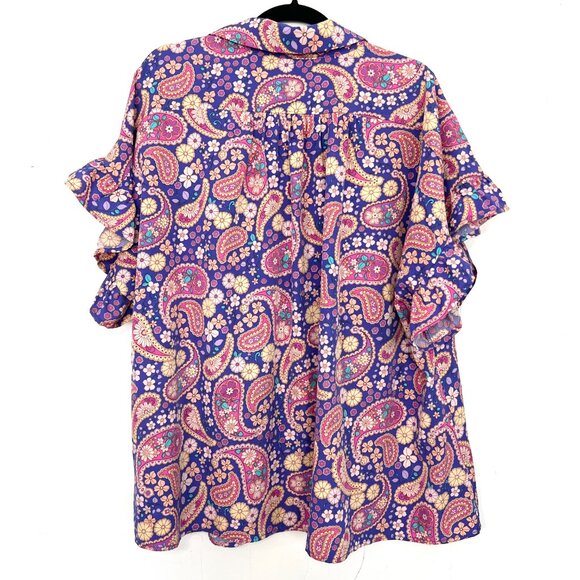 Emily Wonder Purple Colorful Paisley Floral Button Down Shirt Ruffle 2X zq - Picture 4 of 4